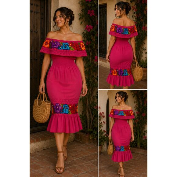 Dresses & Skirts - Vintage-Inspired Mexican Embroidered Off Shoulder Pink Dress Size 8